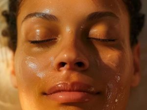 Close-up of a woman with glowing skin during a chemical peel treatment.